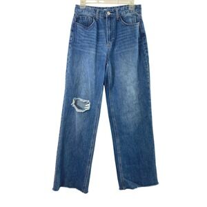 YMI Dixie Fit Wide Leg Jeans Women 29 Distress Destroy Hi Rise Medium Wash Denim